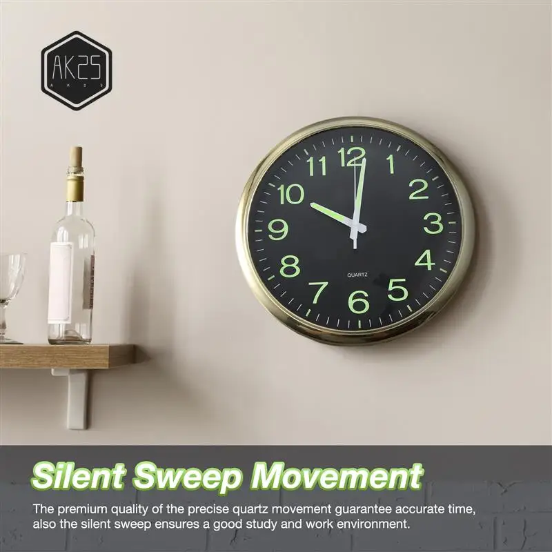 

AK25-12 Inch Round Large Luminous Wall Clock Glow In The Dark Non-Ticking Indoor Decor