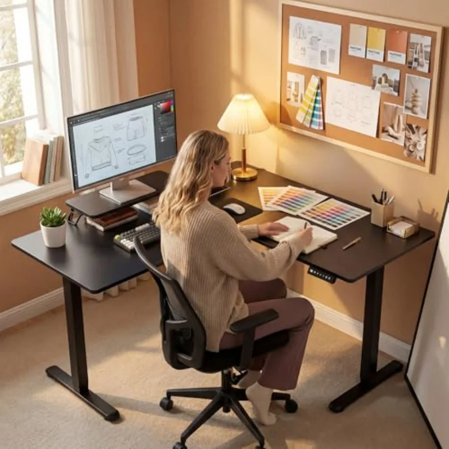 L Shaped Standing Desk for Home Office, Steel Frame, White, Electric Height Adjustable with 2 Preset Heights, Corner Sit Stand