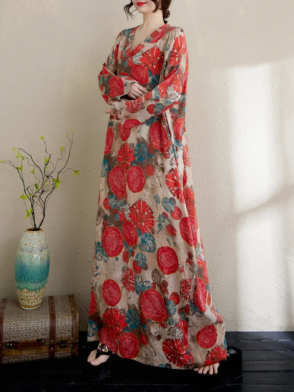 

Большие размеры, весна-лето, хлопок и лен, длинное платье с принтом све, винтажный свободный утягивающий халат Vaion Long Dr, большой горошек