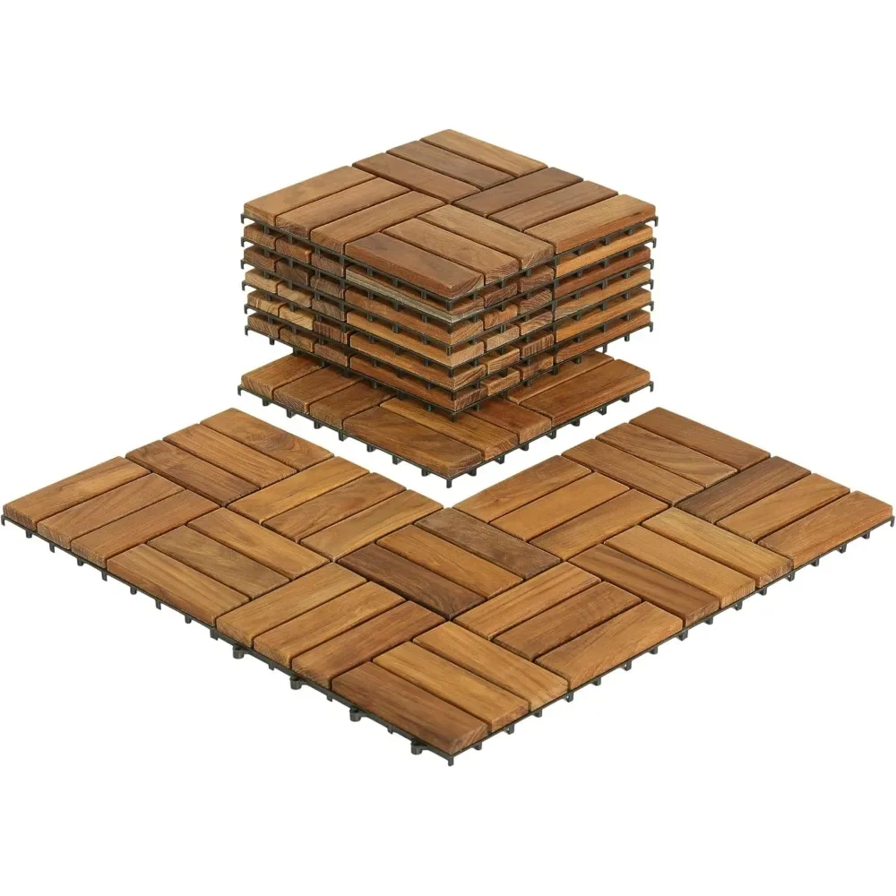 Solid Teak Wood Interlocking Flooring Tiles (Pack of 10), 12'' x 12'', Brown