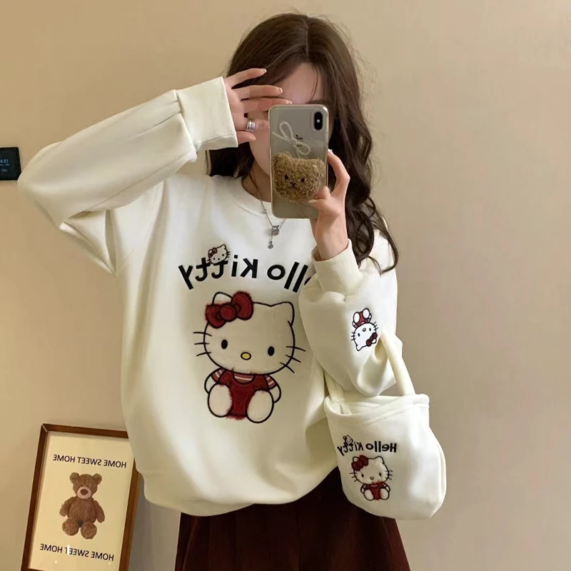 Sanrio Hello Kitty Trendy Ins Fashion Felpa con cappuccio a maniche lunghe stampata Allentata calda non pilling Top autunno e inverno da donna