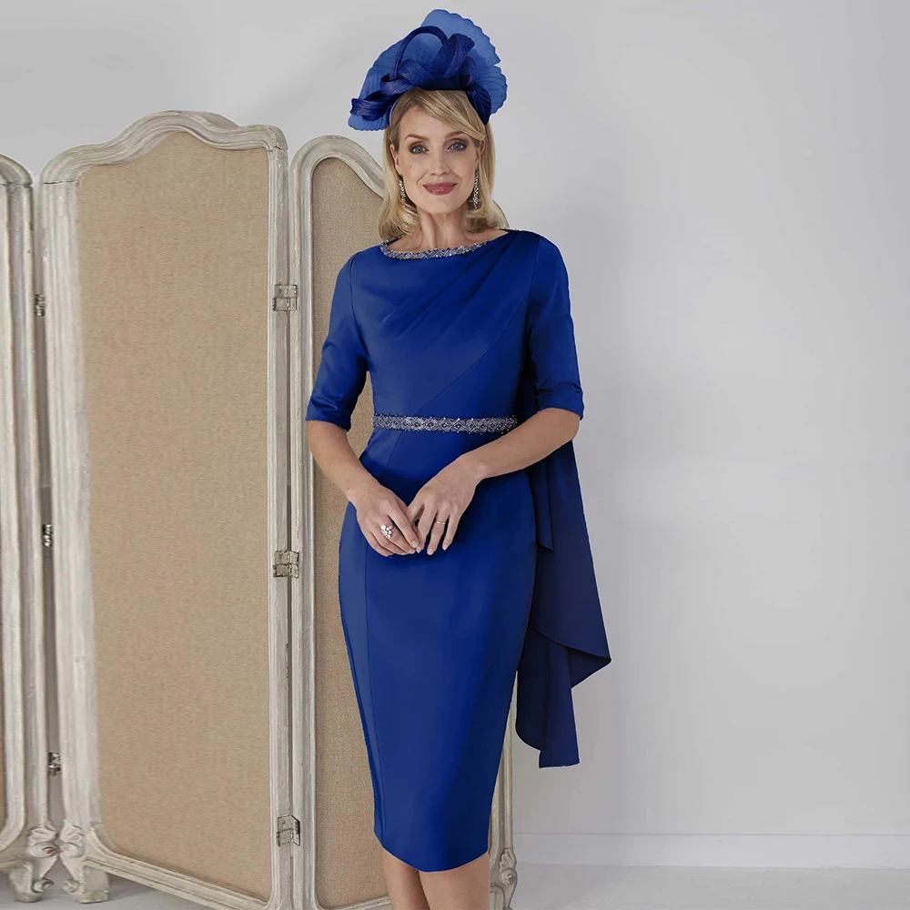 

Retro Class Wedding Mom Dresses Satin&Jersey Sheath/Column Cocktail Party Dress Royal Blue O-Neck Rhinestones Draped Prom Dress