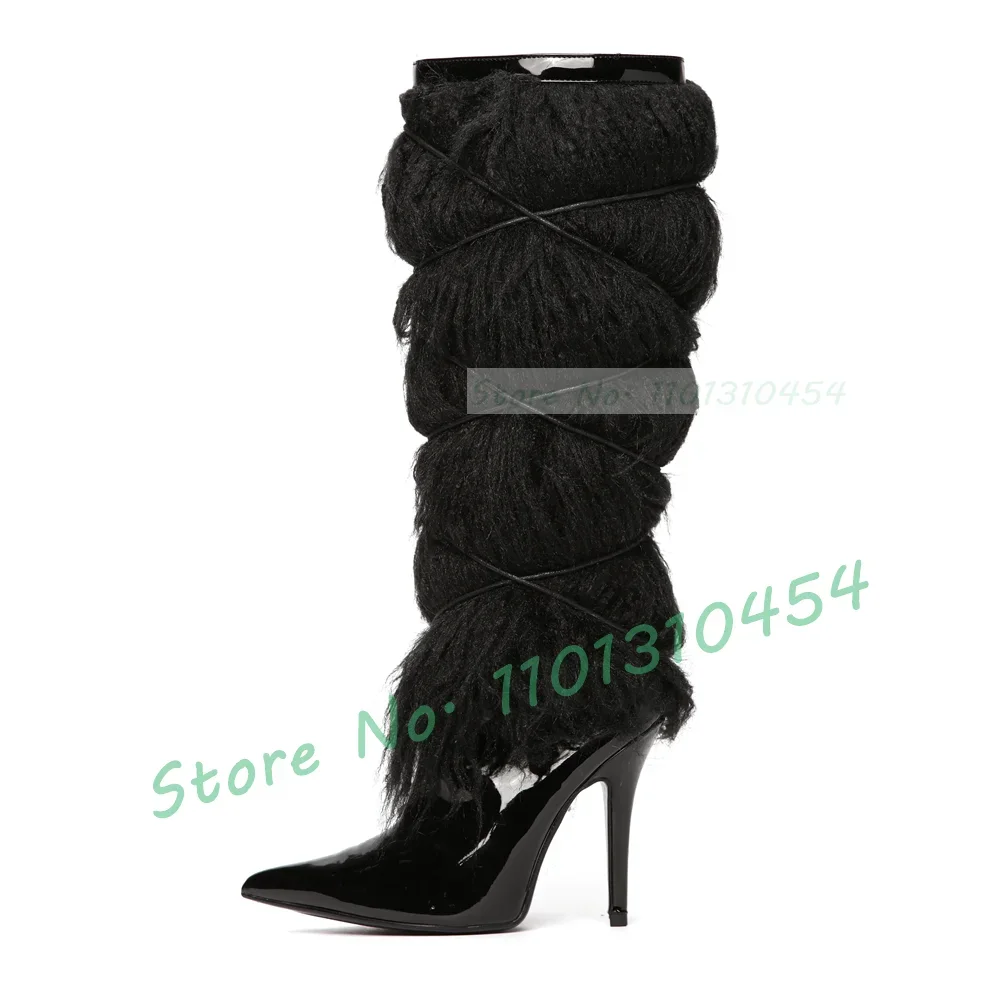 Yellow Curly Fur Knee-high Boots Women Fashion Warm Furry Winter Pointy High Heels Shoes Sexy Cross-tied Glossy Patent Boots