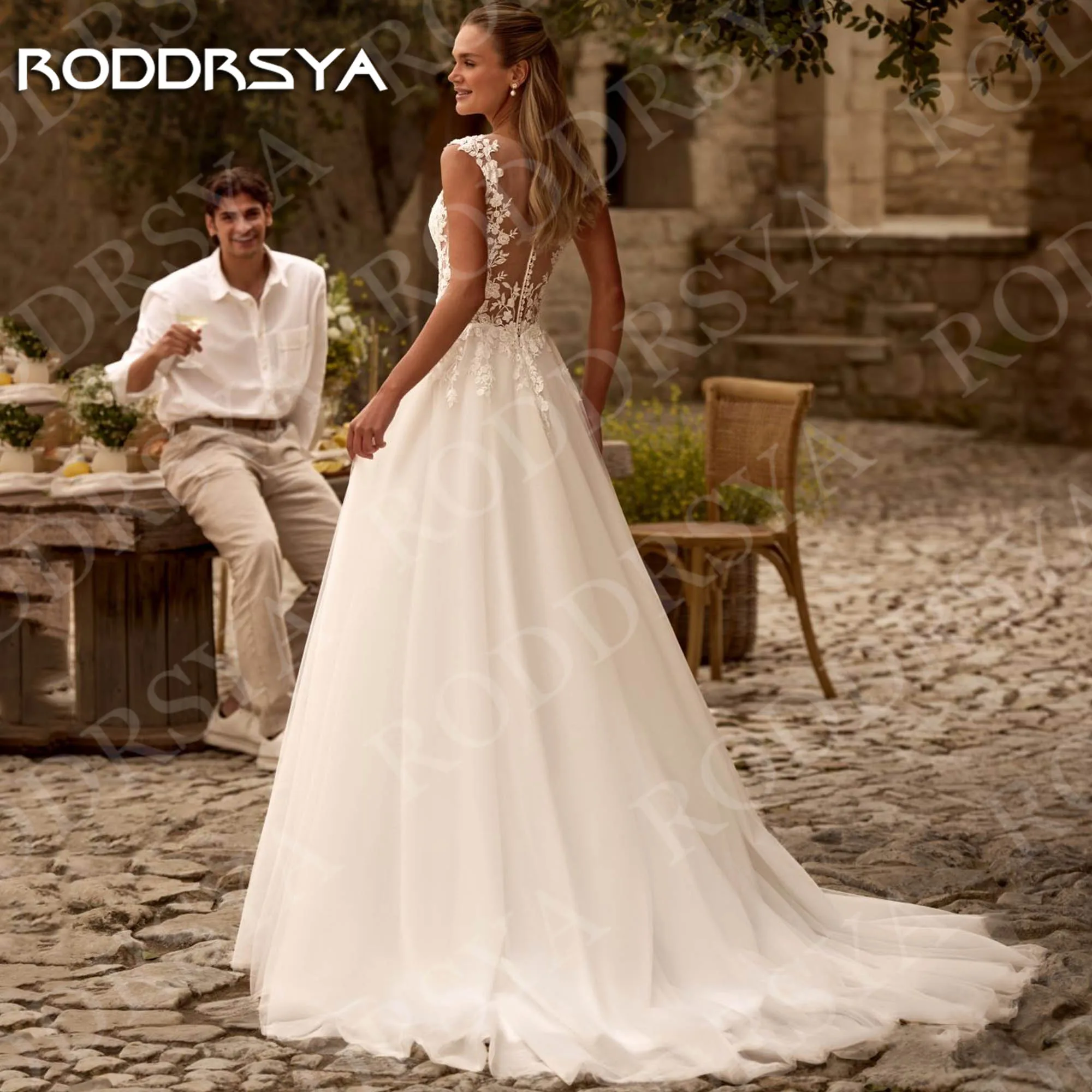RODDRSYA فستان زفاف بوهو رومانسي الوهم الخلفي الدانتيل يزين ألف خط فساتين زفاف الأكمام كاب مخصصة الرومانسية بوهو فستان الزفاف وهم الظهر الدانتيل تطبيقات خط فساتين العروس كاب أكمام مخصصة