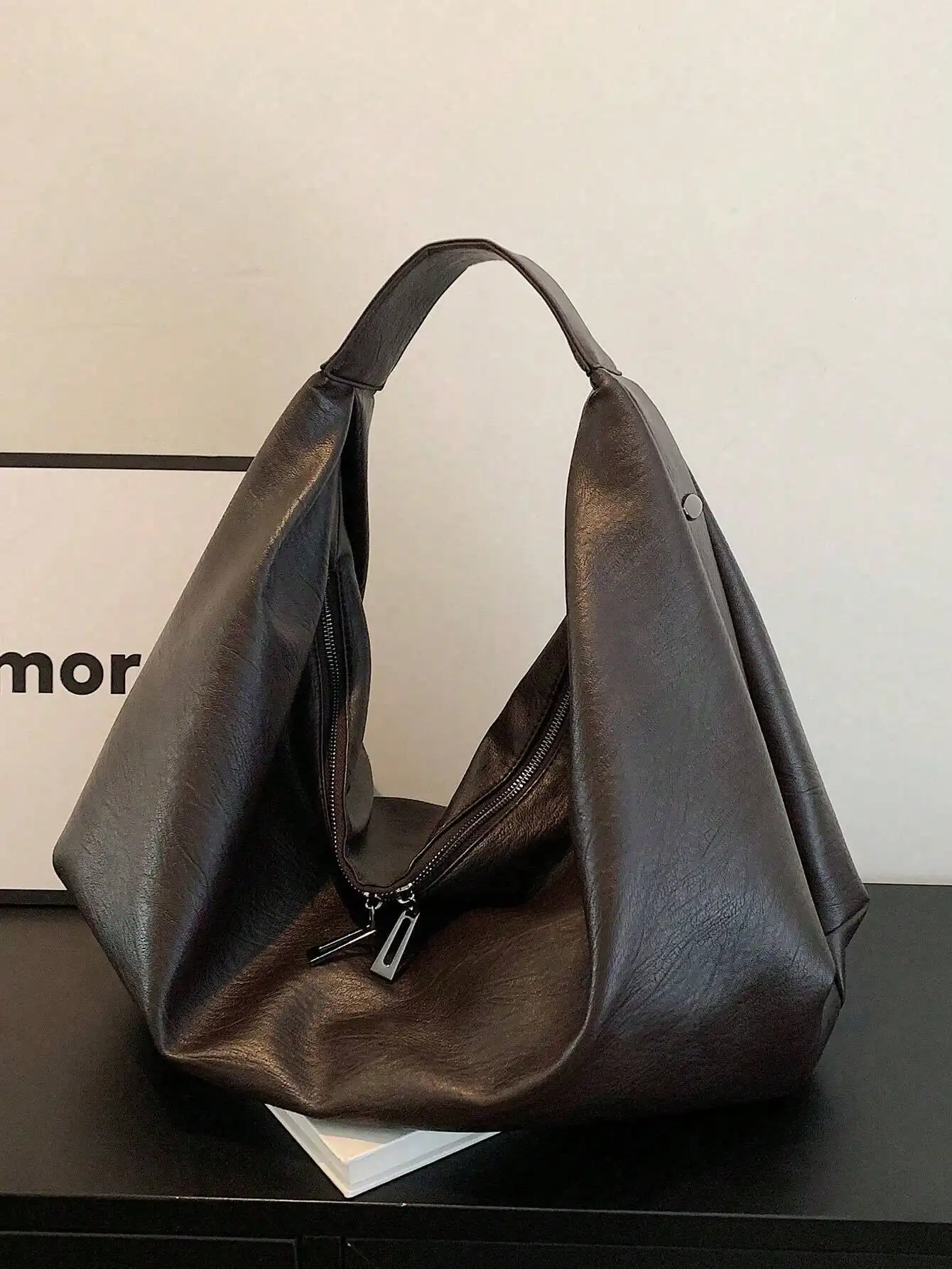 Vintage Large Capacity PU Leather Tote Bag, Minimalist Zipper Shoulder & Underarm Bag, Casual Versatile Handbag For Work, Commute, School, Shopping,