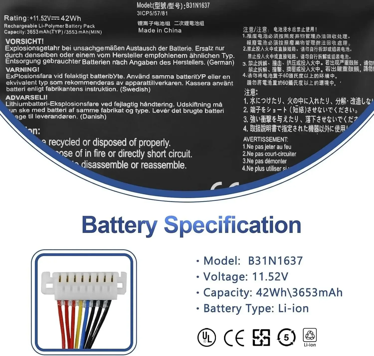 B31N1637 Battery For Asus VivoBook F510U S15 S510U X510U X541U X542U X510UR