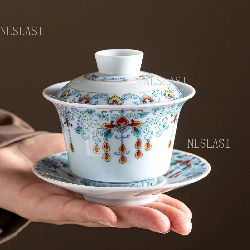 140ml Chinese Porcelain Gaiwan Tea Bowl Exotic Colorful Floral Pendant Pattern 3‑Piece Lid Bowl Saucer Set Kung Fu Tea Brewing