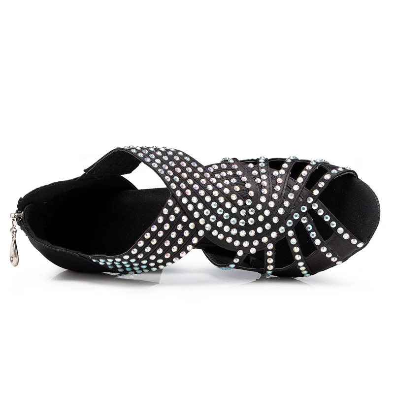 Zapatos de baile latino para mujer, zapatillas deportivas con diamantes de imitación, tacón cuadrado, suela suave