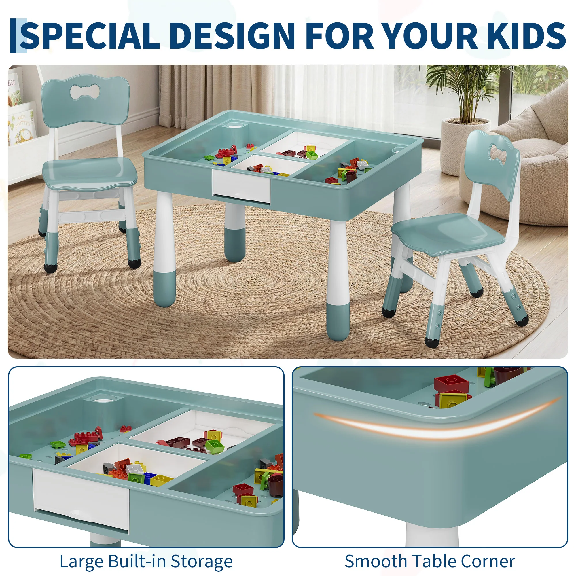 4-in-1 Kids Table and Chair Set, Toddler Activity Table with 2 Adjustable Chairs - Reversible Double-Sided Block & Graffiti Top - Study/Play Desk for Ages 3-10 - view 6