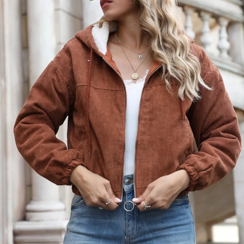 

Winter New Corduroy Women's Cotton Clothing Retro Fashion Hooded Zipper Slim Fit Jacket