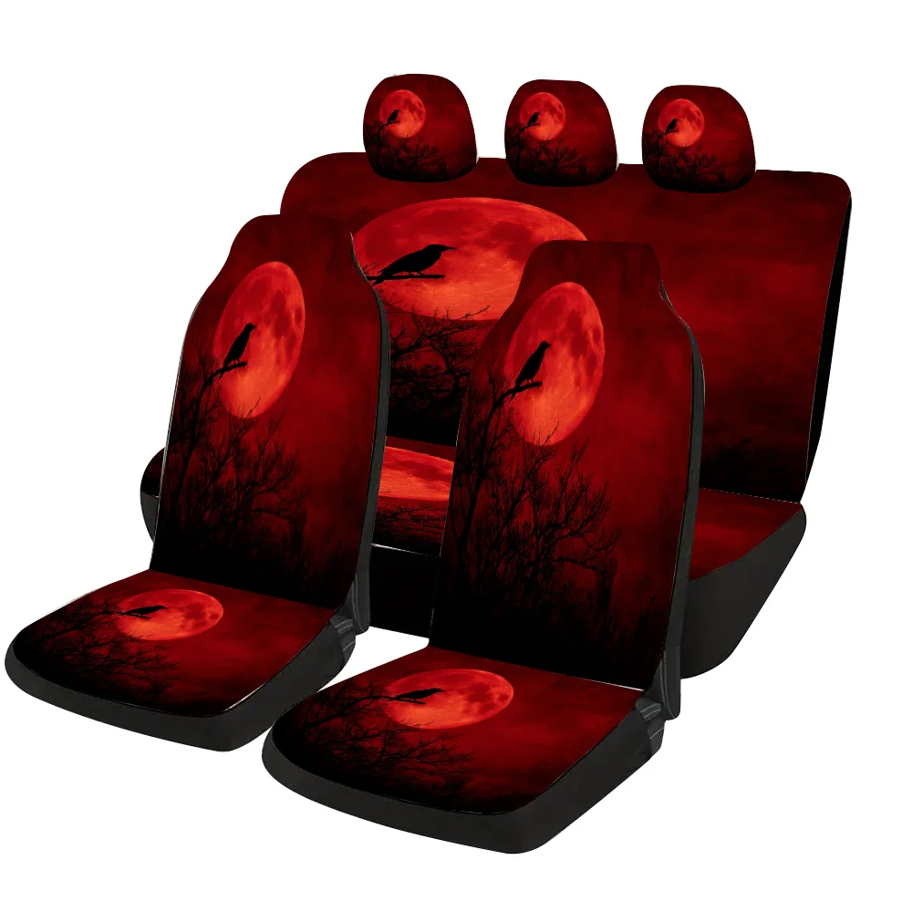 A Complete Set Of Car Seat Covers Featuring A Design Of Crows Perched On A Cold Tree Under A Blood, Suitable For Most Vehicles.