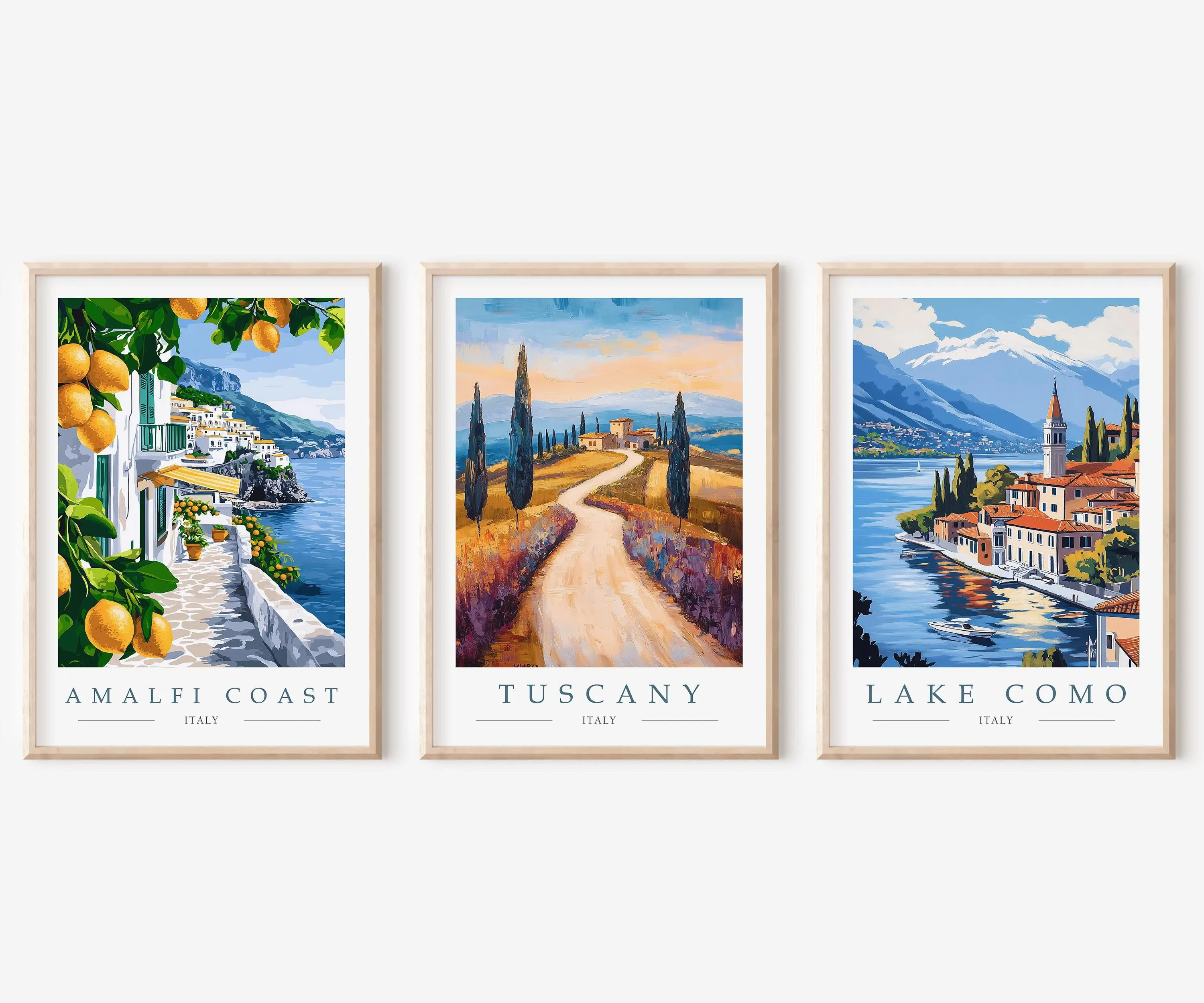 3PCS Frameless,Italy Travel Poster Prints,Amalfi Coast Tuscany Lake Como Wall Art, Mediterranean Landscape Decor Ideal Travel Gi
