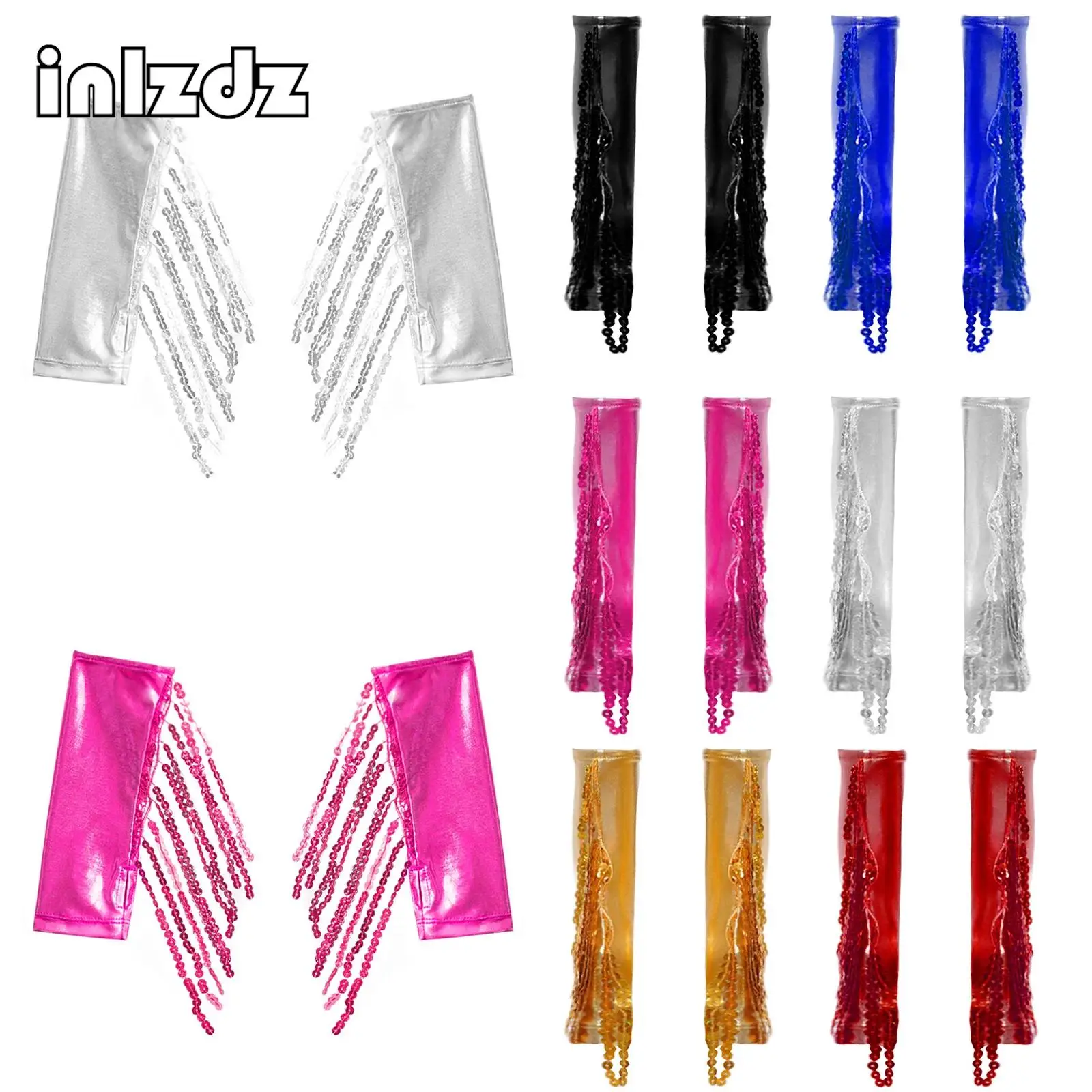 

1 Pair Kids Girls Dance Performance Glitter Sequin Tassels Metallic Gloves