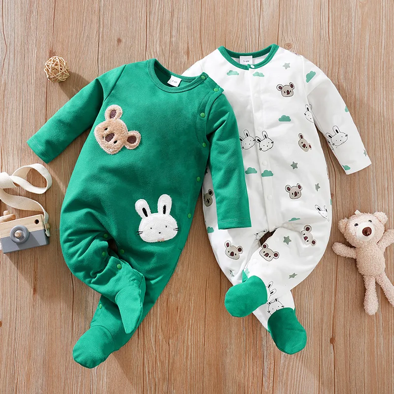 2pcs Infant\'s Bunny Koala Print 0-24M Bodysuit Spring and Autumn Comfy Long Sleeve Onesie, Baby Boy\'s Clothing, As Gift