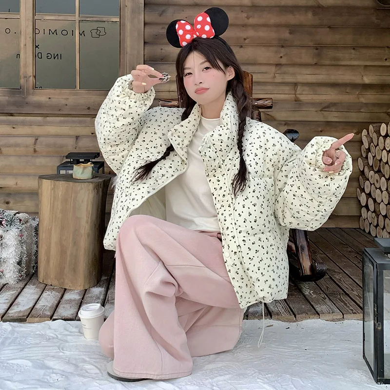 سترة شتوية سميكة قصيرة مبطنة بطبعة زهور، سطح مخملي، معطف دافئ على طراز الكلية الكورية، ملابس خارجية مبطنة بالقطن #4