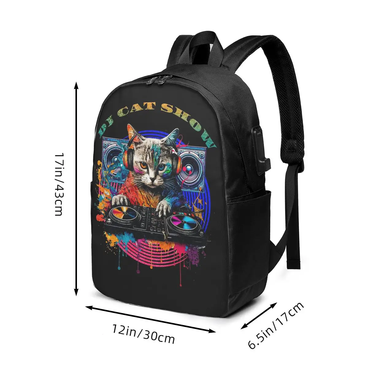 Cat Colorful Graffiti DJ Backpack Travel Notebook Bag Computer College Student School Bag Laptop Shoulder Bags for Men Women