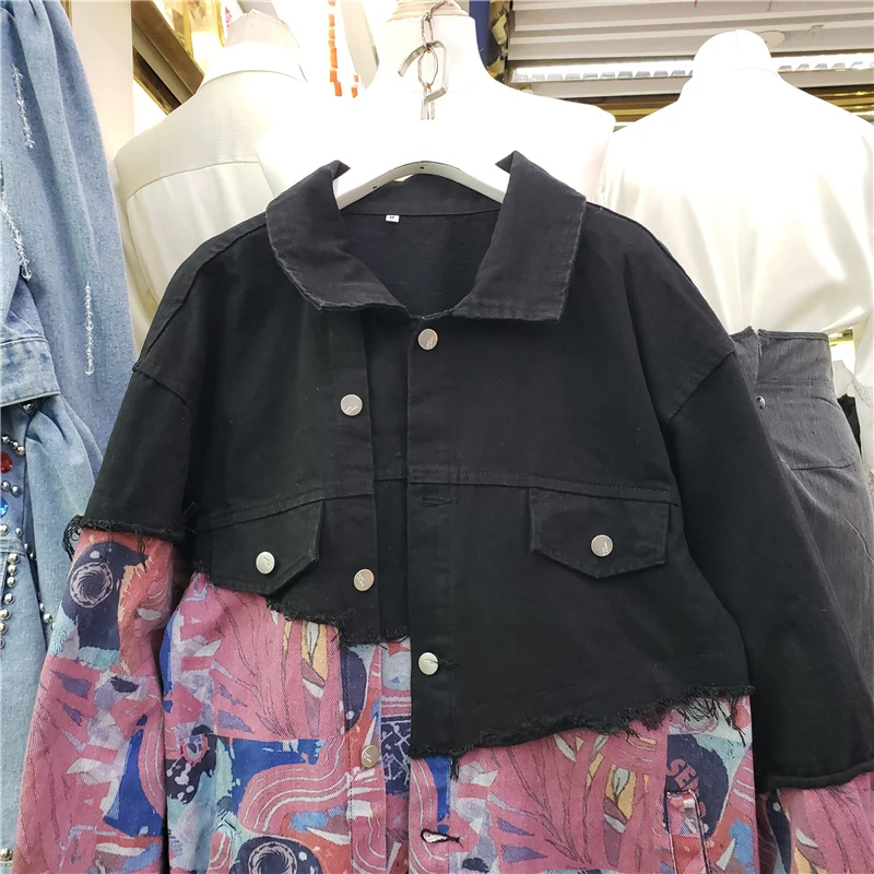 Ropa de calle, moda deshilachada, chaqueta vaquera con estampado de empalme, abrigo para mujer, prendas de vestir exteriores de vaquero, nueva chaqueta vaquera holgada de longitud media para mujer