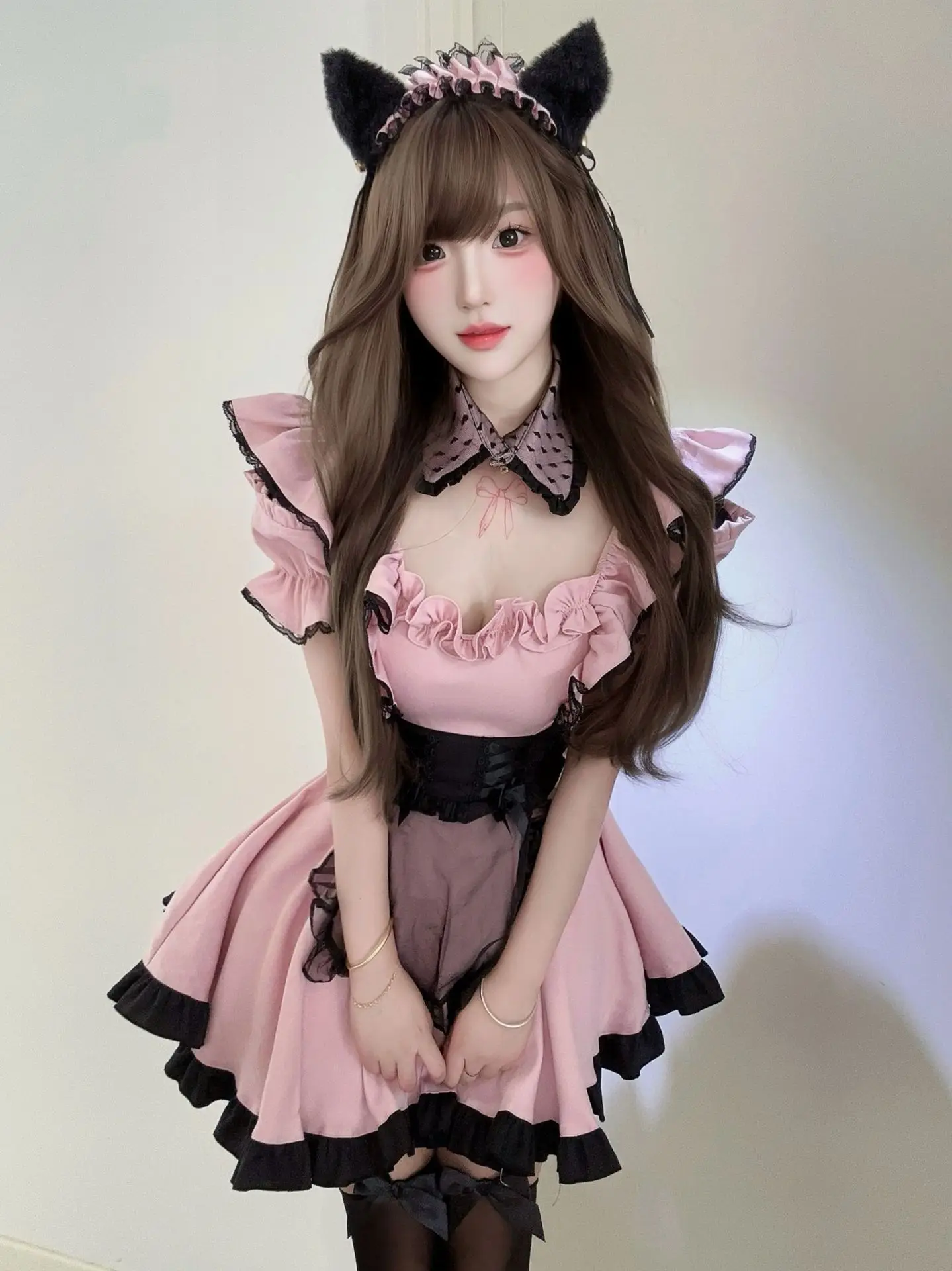 새로운 일본식 귀여운 메이드 복장 코스프레 달콤한 소녀 레이스 고양이 메이드 복장 세트 로리타 스커트 할로윈 메이드 복장 로리타