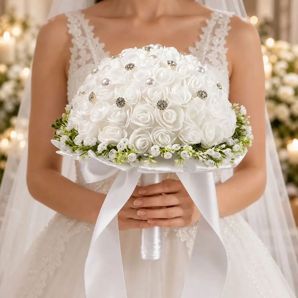 White Rose Artificial Bridal Bouquet Rhinestone Accents Greenery Trim Rose Wedding Bouquet Satin Ribbon Bow Handheld