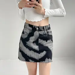 Black Denim Skirt Female High Waist Design Tie-dye A-line Skirt for Women