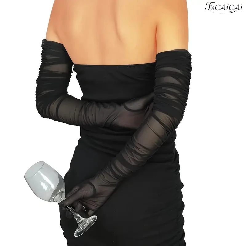 

Women's Super Long Stretchy Ruched Mesh Tulle Sheer Gloves,Halloween,Dance,or Wedding - Black,Transparent,and Stretchy
