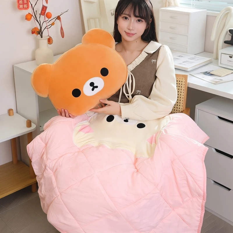 Cute Rilakkumas Pillow Blanket 2-in-1 Folding Air Conditioner Quilt Soft Nap Cushion for Home Office Car Travel Decor Daily Use