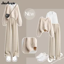 Traje de Otoño/Invierno para mujer, suéter tejido con agujeros a la moda, camisa blanca, pantalones informales, conjunto de 3 piezas, conjunto coreano elegante a juego 2024