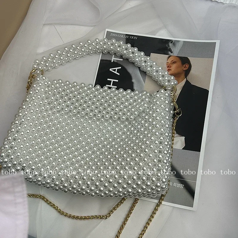 

Retro Inner Gorgeous Golden Chain Crossbody Bags Ins Superlatives Pearl Bead Wallets for Women Hollow Out Totes Bag