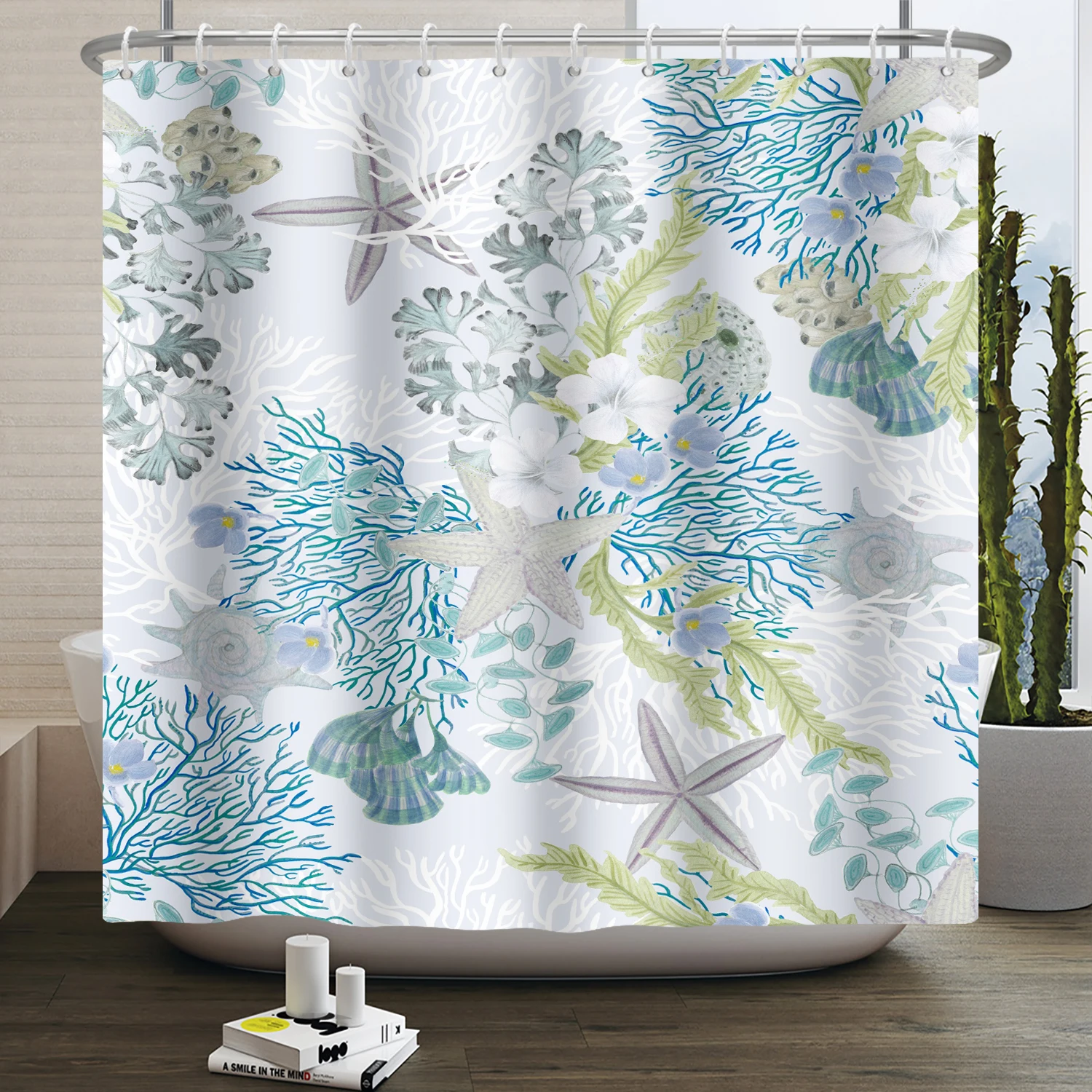 Nautical Coastal Shower Curtain Starfish Coral Seashell Beach Ocean Bathroom Curtain Underwater Marine Waterproof Bath Curtain