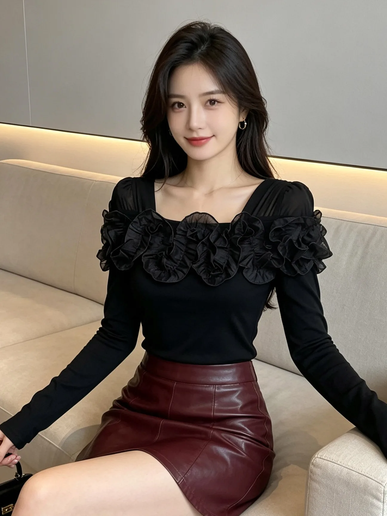 Slimming Long Sleeve Base Shirt Pure Color Heavy Work Flower Versatile Small Shirt T-Shirt for Women Autumn Winter Fashion Da...