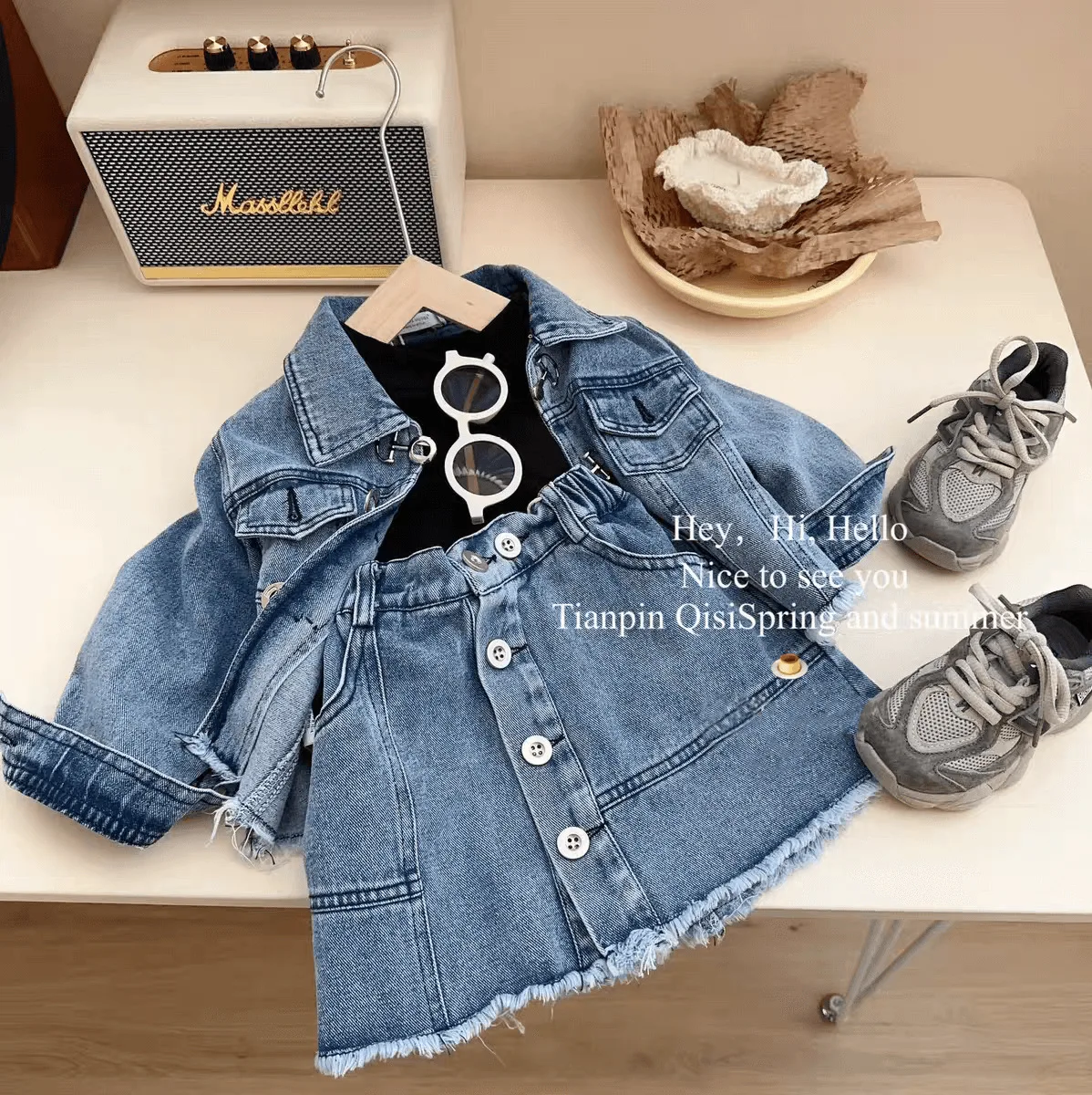 

Girls Suits Spring Denim Suit 2024 New Children Fashion Girl Baby Coat Half Skirt Two-piece Set Korean Simple Style Clothes