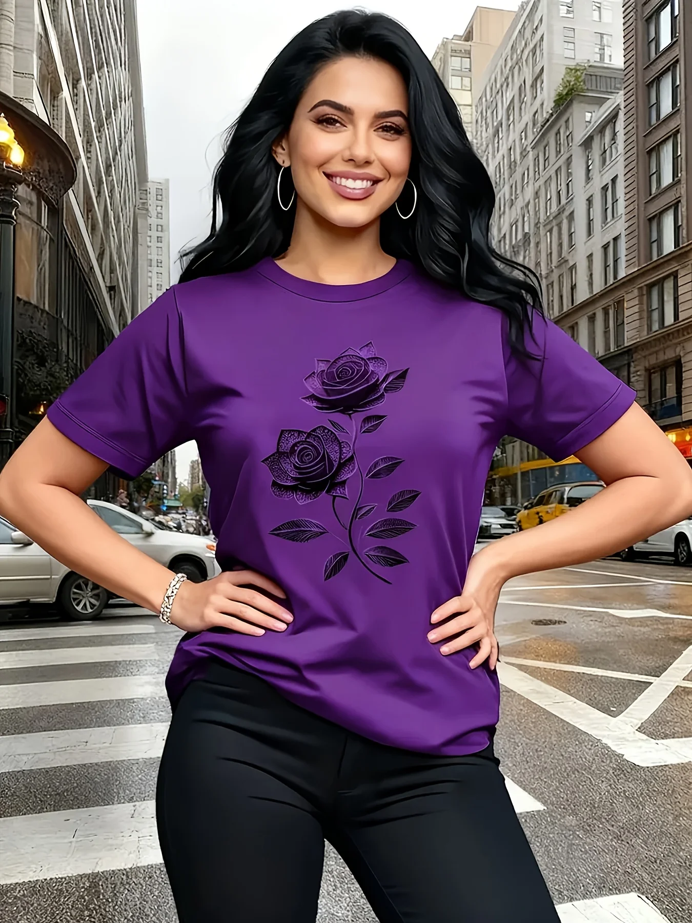 [Breathable Lightweight Top] Elegant Women's T-Shirt | Unique Rose Pattern - Casual Crew Neck Top | Breathable, Lightweight, Perfect for Spring And Summer Wardrobe
