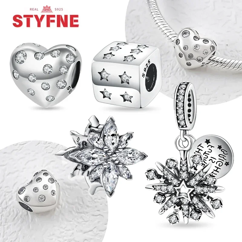 

Christmas New Snowflake Charms Heart Shaped Shiny Zircon Bead Fit Original Bracelet S925 Silver Diy Fine Jewelry Christmas Gift