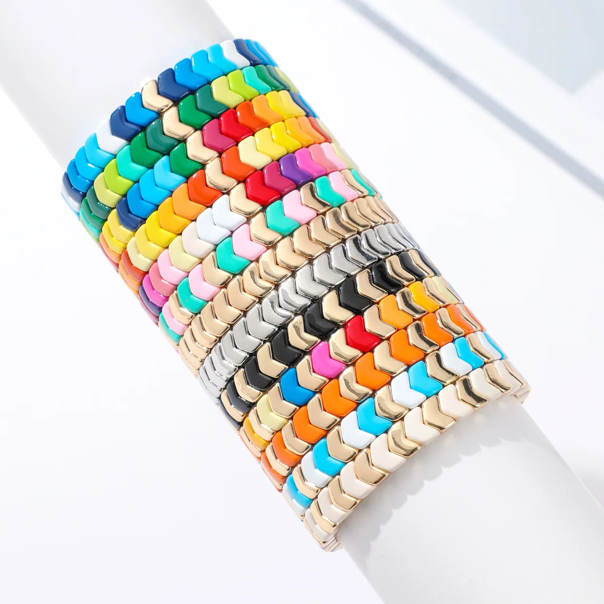 Metal New Hot Gold Color Enamel Rainbow Tile Bracelet Colorful Enameled Elastic Tile Arrow Bead Bracelet for Women Jewelry