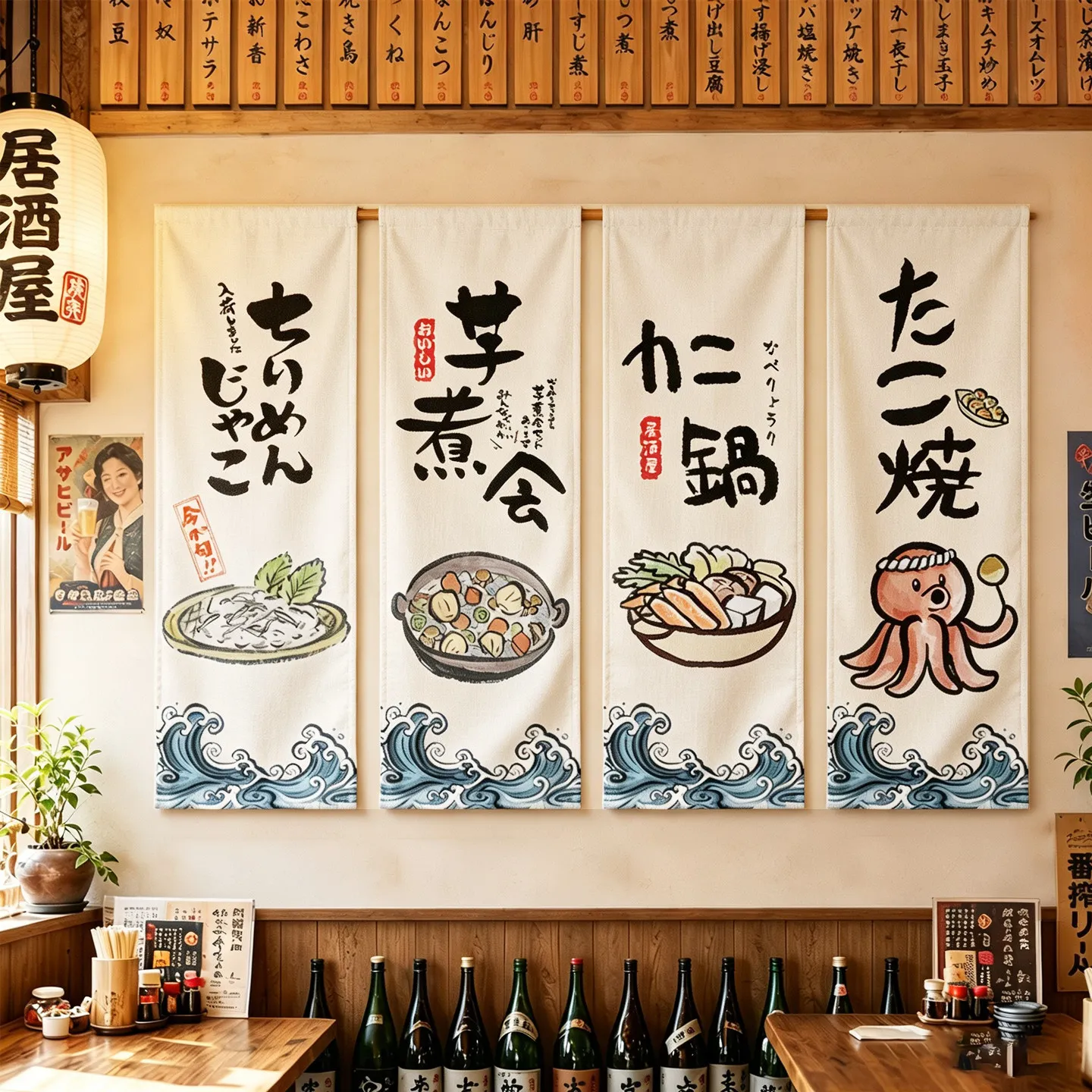 Japanese Izakaya Style Hanging Cloth Roasted Bird Sushi Atmosphere Wall Decoration Banner for Restaurant Ramen Shop Background