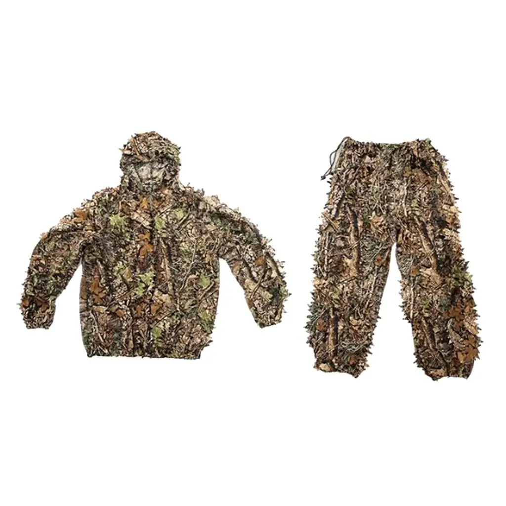 Outdoor Camo Suits Ghillie Suits 3D Leaf Woodland Clothing Sniper Clothes Pants for Jungle Hunting, Shooting