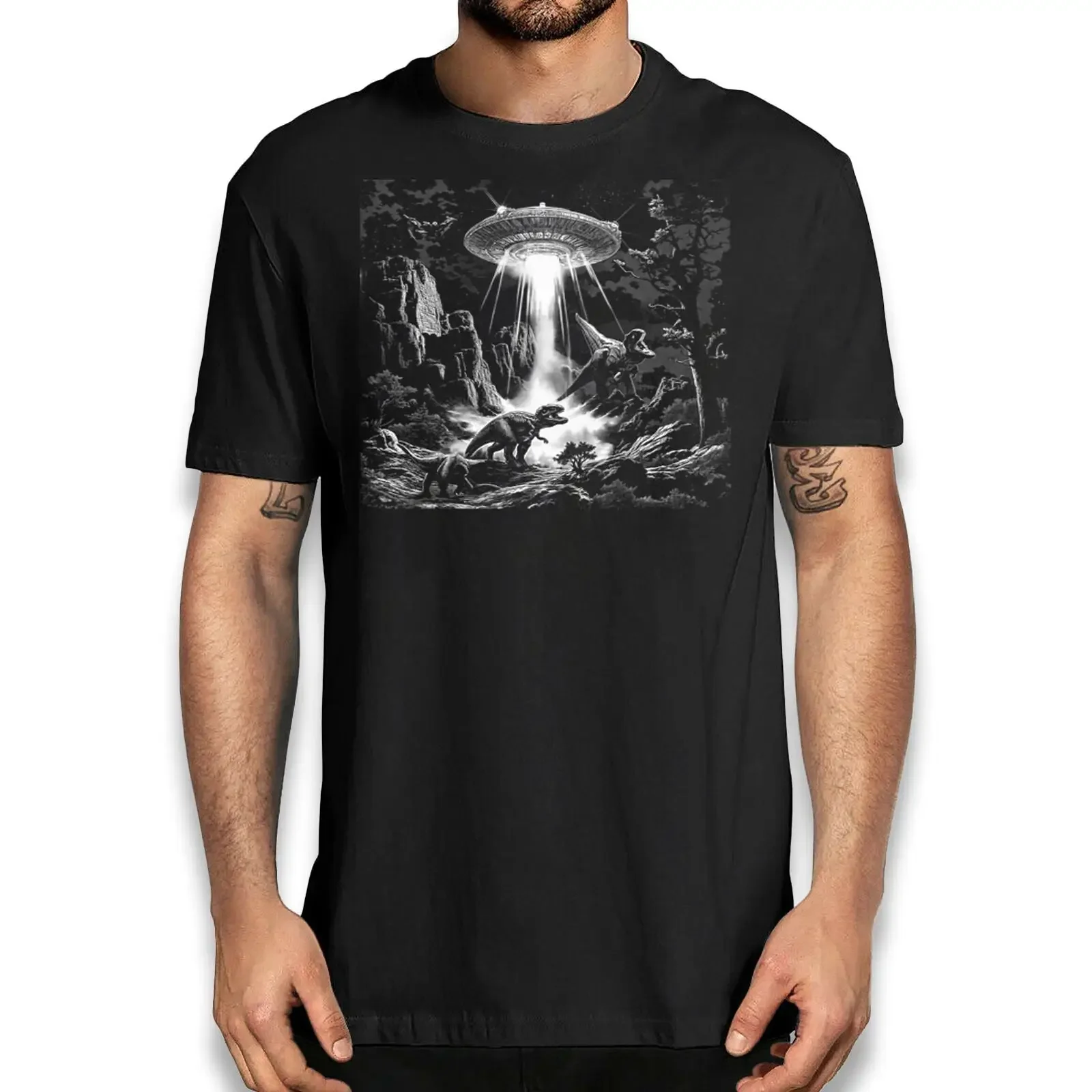 UFO Abduction Dionosaur T shirt Alien Dionosaurs Novelty  vintage Washed Unisex Stylish Stretched Comfortable streetwear