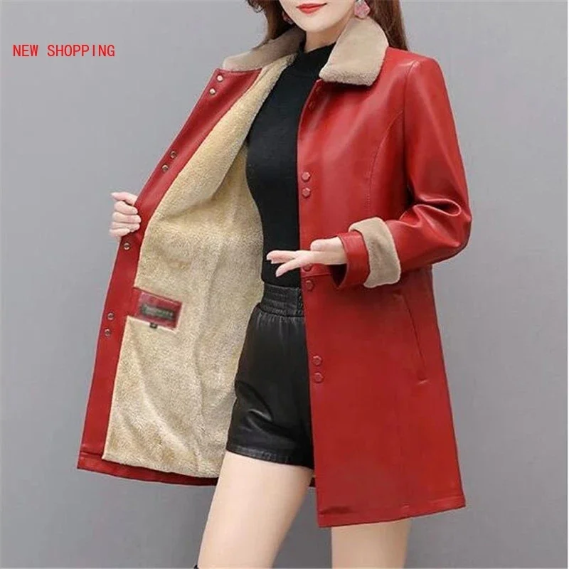 Parkas longas de couro PU para mulheres, casacos de inverno, jaqueta de motocicleta, casacos de Natal, veludo, vermelho, 5XL