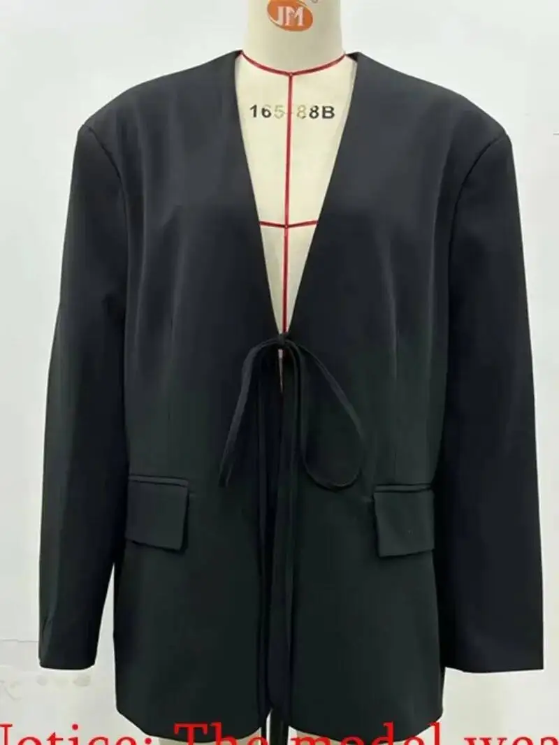 캐주얼 오버 사이즈 블랙 블레이저 여성 V 넥 보우 타이 포켓 루즈 자켓 패션 streetwear 여성 아웃웨어 MS7Q