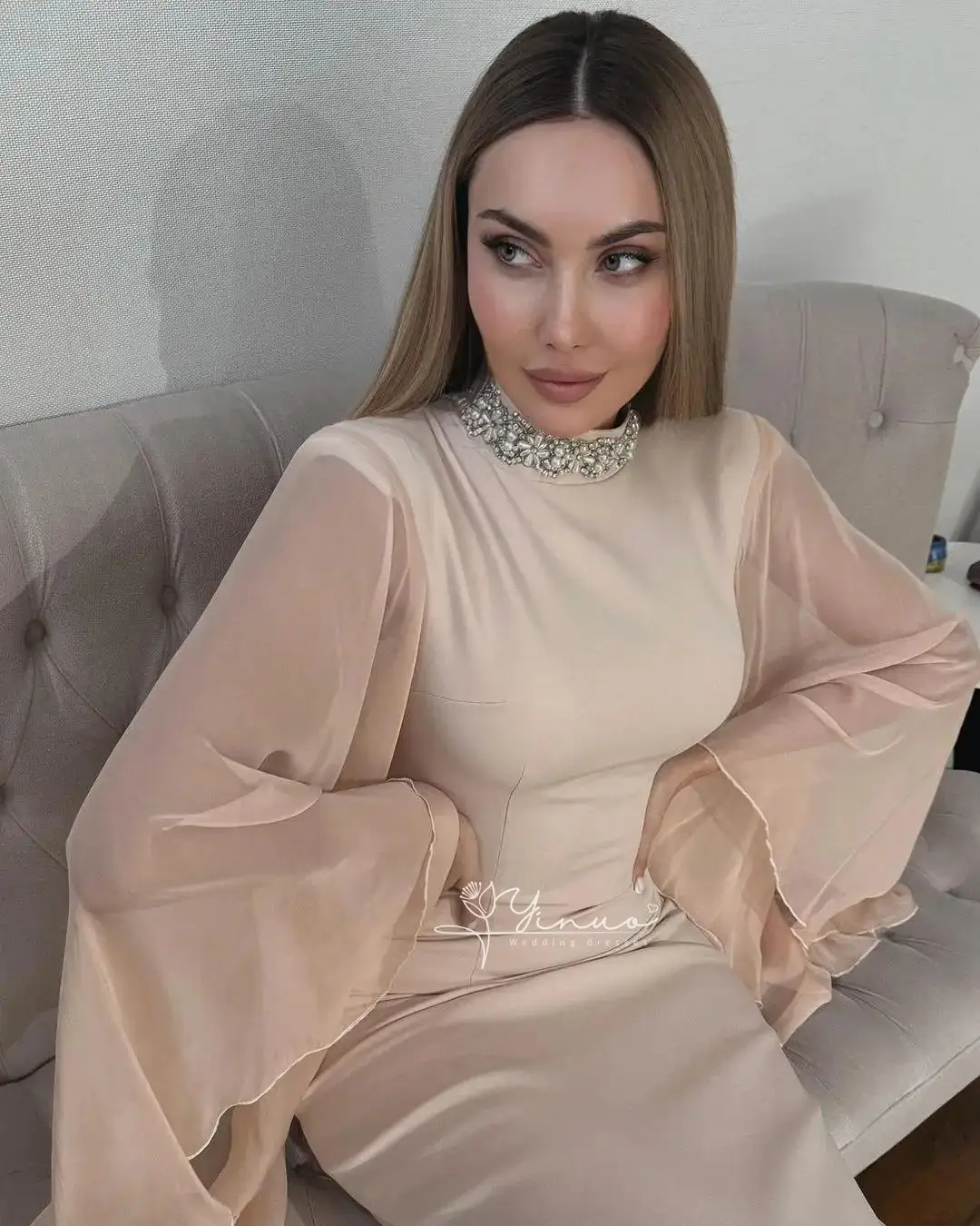 

customized Mermaid Long Sleeves Prom Dresses Beaded High Neck Tea Length Evening Party Dresses Back Zipper2025