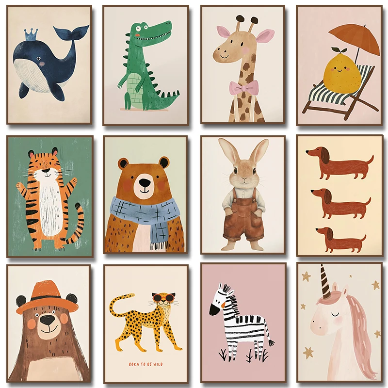 Cute Animal Illustration Poster Unicorn Bear Tiger Dachshund Dog Giraffe Canvas Painting Print Nursery Wall Art Kids Room Decor