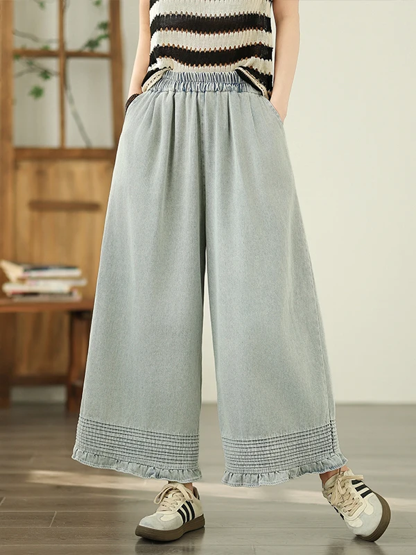 

Retro Forest System Wooden Ear Wide Leg Jeans Women Summer Large Size Casual Drapey Large Pants Straight Nine Point Skirt