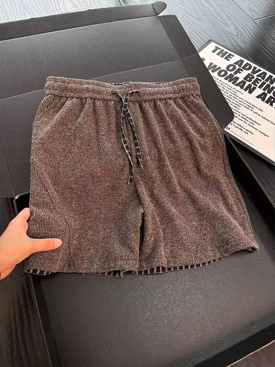 Khaki Plaid Splicing Knitted Short Pants Men's Summer American Retro Style Sporty Five-Part Trousers Loose Fit Teenage Youth