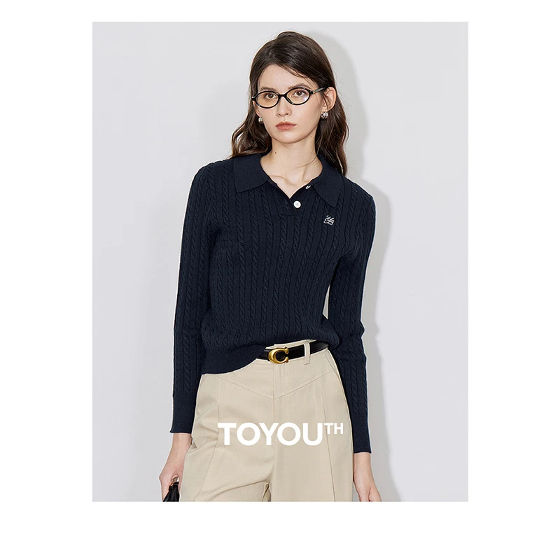 TOYOUTH Women Knitwear 2024 Autumn New Twisted POLO Turn Down Collar Long Sleeve Slim Fit Pullover Sweater Top