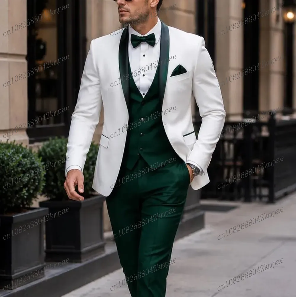 

Formal New White And Green Men Suit Groom Groomsman Wedding Party Prom Business Male Tuxedos 3 Piece Set Blazer Vest Pants 0