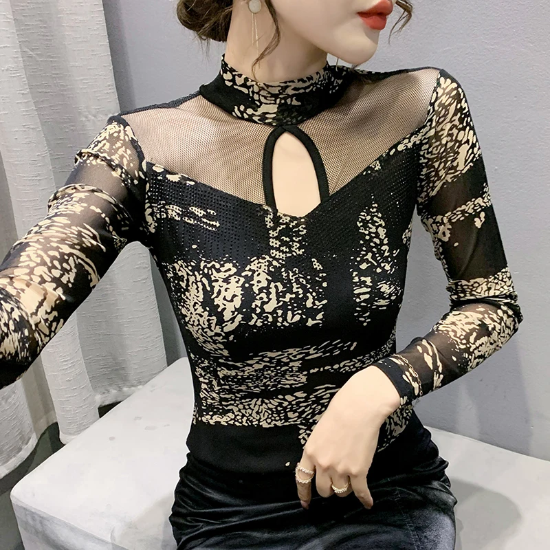 

2023 New Fall Winter European Clothes T-Shirt Women's Chic Sexy Patchwork Hollow Out Diamonds Print Tops Long Sleeve Tees 39011