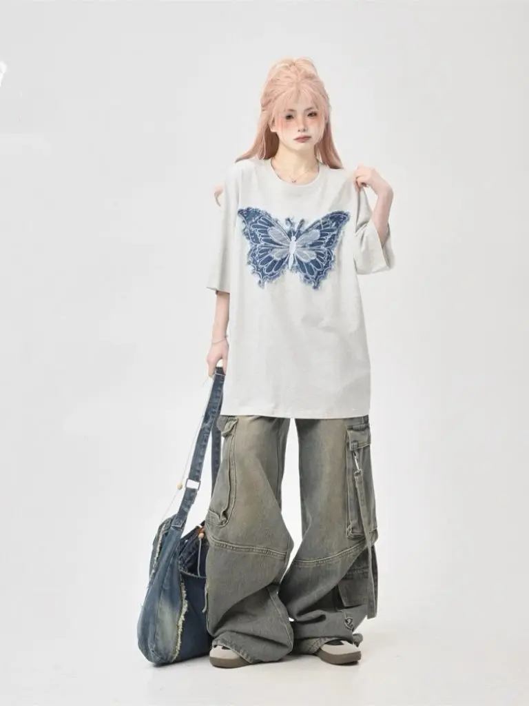 American retro oversize butterfly embroidery light gray short-sleeved T-shirt for women summer 2024 new five-point sleeve trend