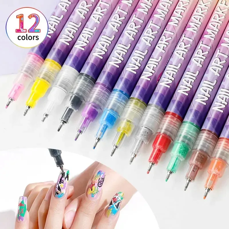 12Pcs/Set Quick Dry Nail Art Liner Pens 12 Colors Water Based Marker for DIY Nail Painting and Graffiti Design