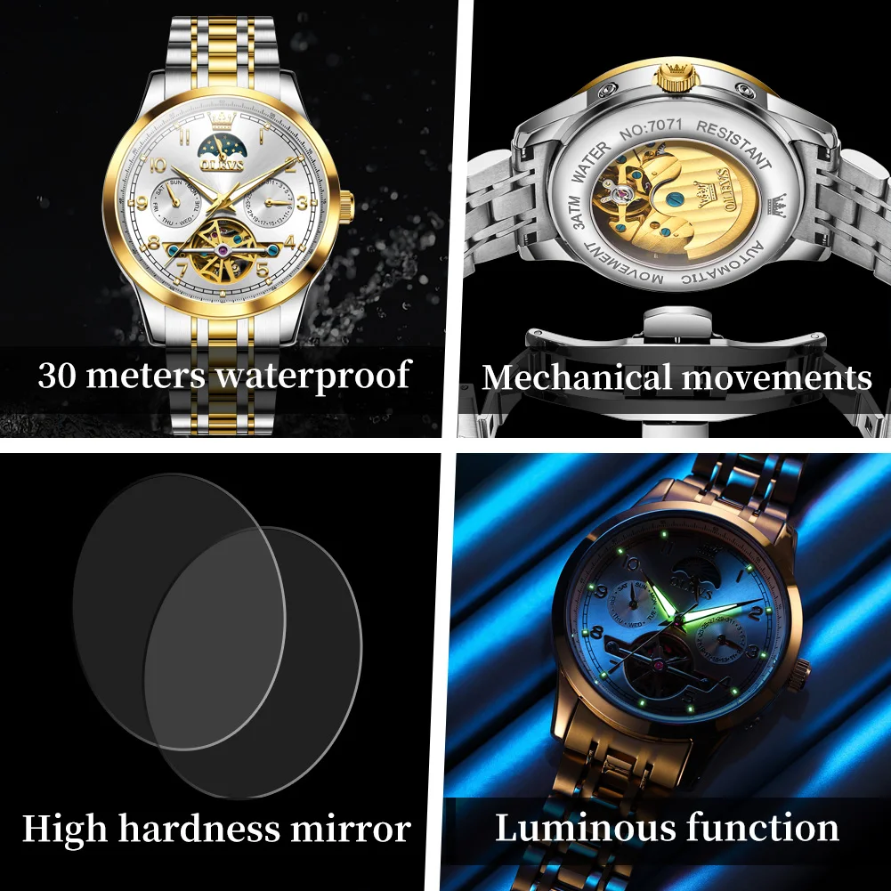 OLEVS 7071 Men Watches Original Luxury Automatic Mechanical Watches For Man Waterproof  Dual Calendar Moon phase Wristwatch New
