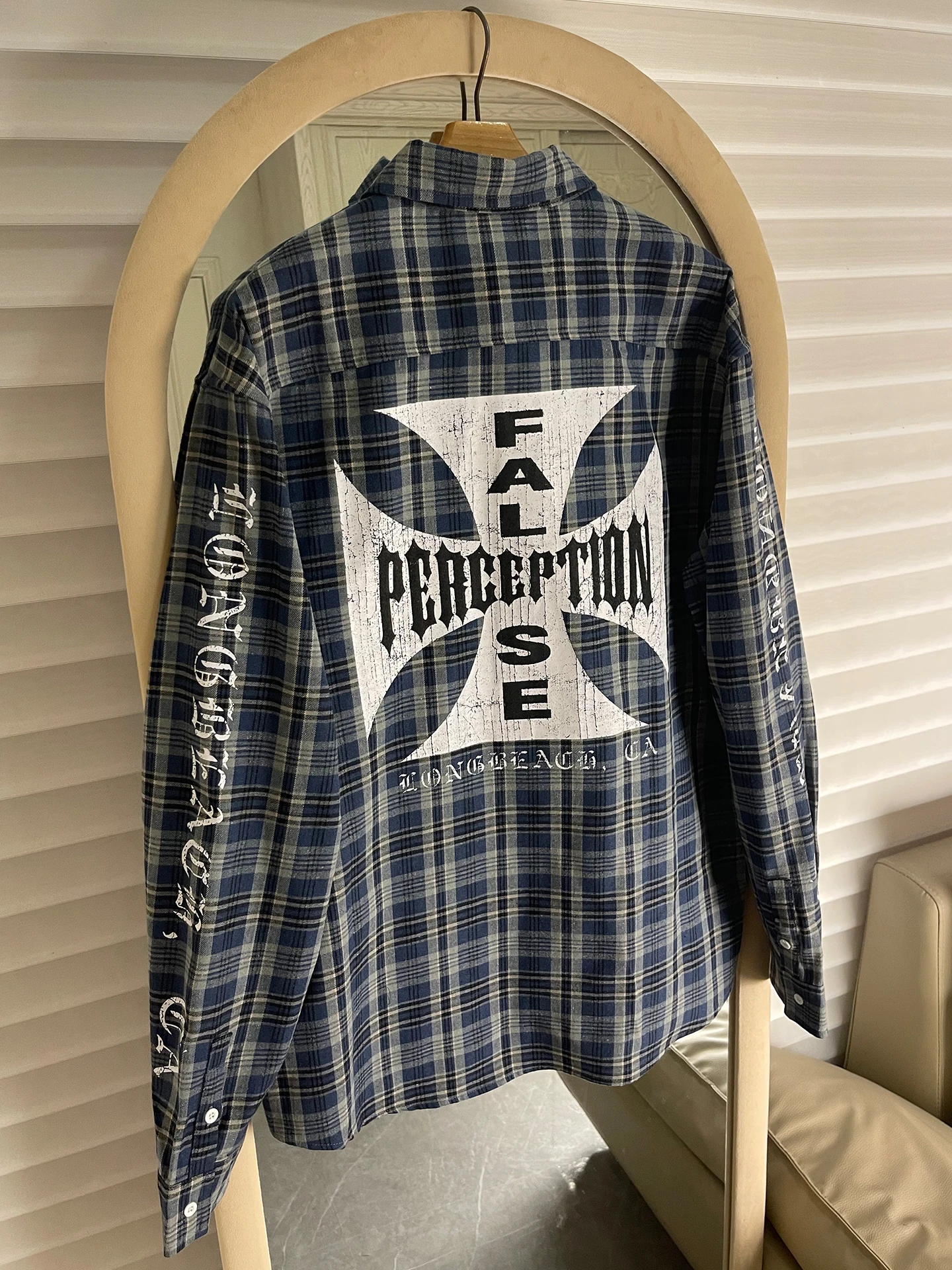 

Loose Fit Plaid Long Sve irt Men's American Sle Worn out Cross Print Blue ids Casual Outerwear Breathable Cotton